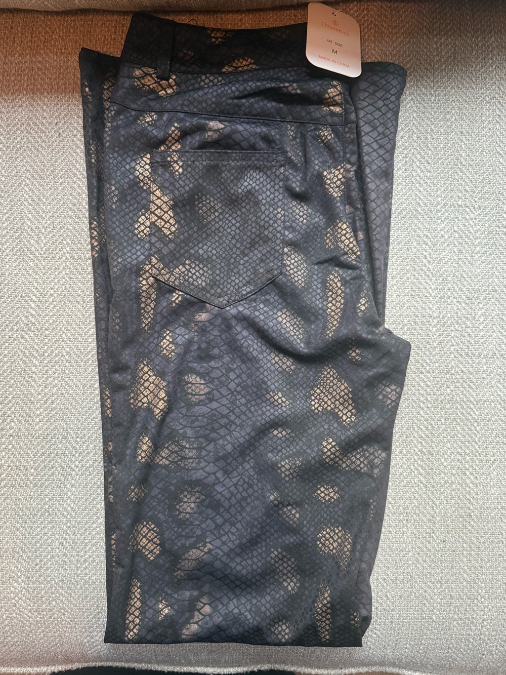 Black Metallic Snake-Print Stretch Pants
